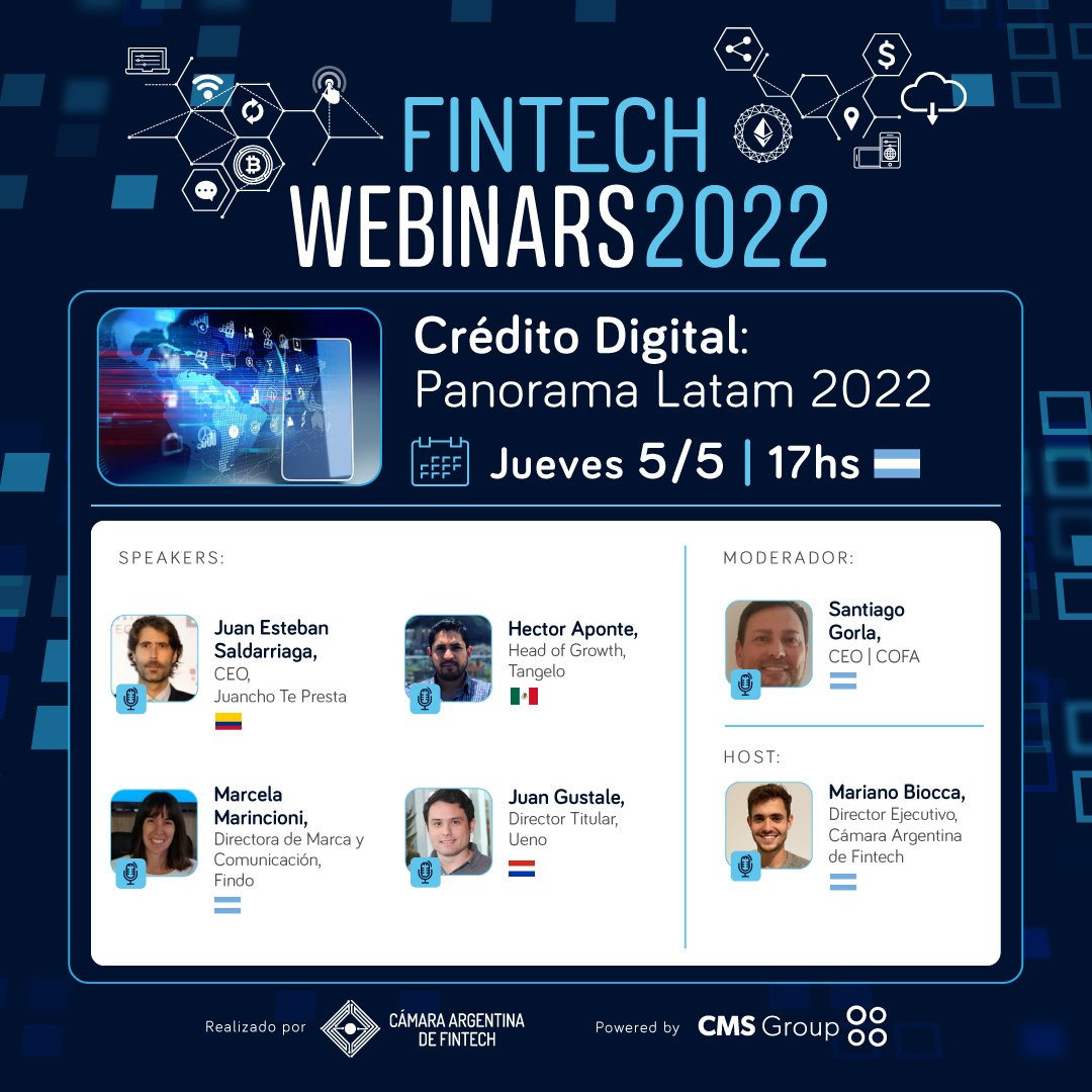CamaraFintechAr's tweet photo. ¡Panel confirmado!
¿Te interesa conocer la situación del Crédito Digital en la región?
Resérvate este jueves 5 de mayo para participar del segundo #FintechWebinar del año.
🗓 ¡Imperdible!
👉 Inscripciones: https://t.co/kmLQPtQt9n https://t.co/8HMuYq7vrc