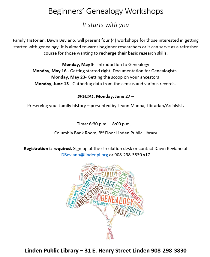 We will be offering Beginner's Genealogy Workshops, beginning Monday, May 9th at the library.