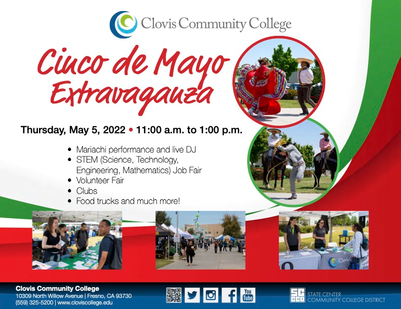 ClovisCollege's tweet photo. Celebrate Cinco de Mayo with Clovis Community College on Thursday, May 5 from 11 a.m. to 1 p.m. Featuring: Mariachi and Charro performances, STEM (Science, Technology Engineering, Mathematics) Job Fair, Volunteer Fair, Clubs, Food trucks and much more! #TutorialCenter https://t.co/gf1thPJgP5