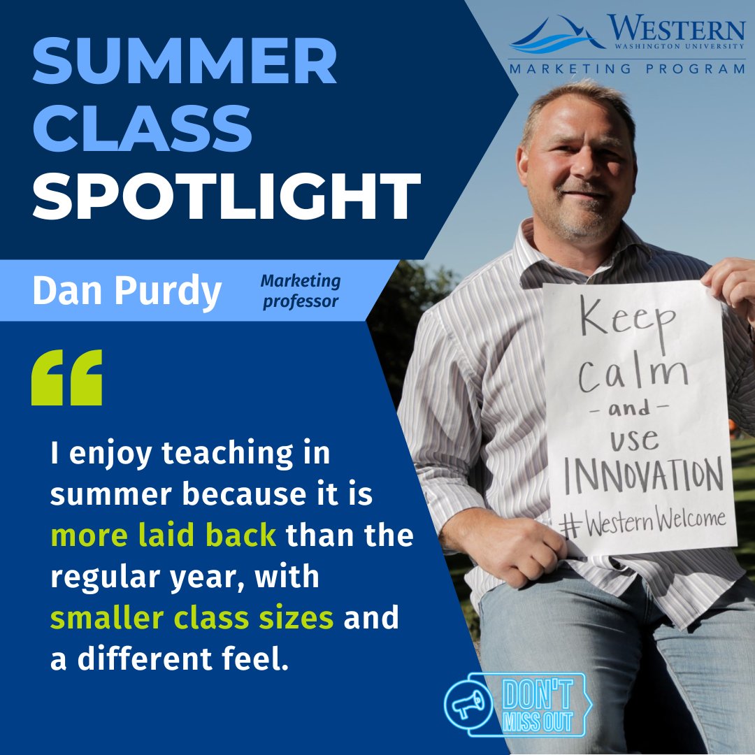 ☀️ SUMMER CLASS SPOTLIGHT: Professor Dan Purdy ☀️

"Marketing Research moves faster than a regular quarter because it is only six weeks, so we're done in only 60% of the time."

Phase 1 registration begins TODAY, 5/3! 📣

#wwusummerclasses
#wwumarketing #wwu #wwumarketingstudents
