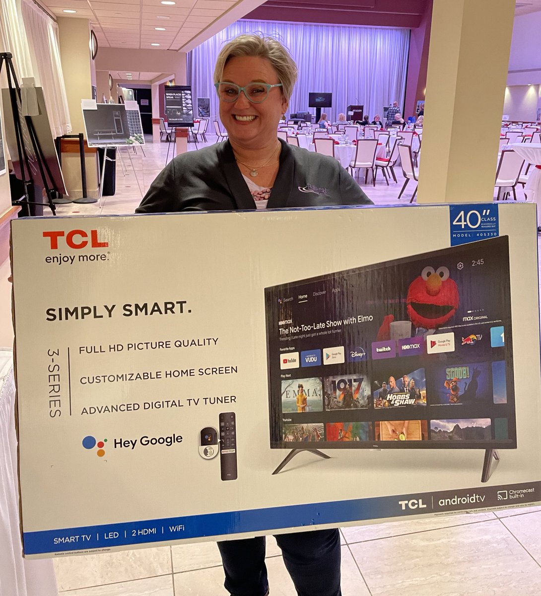 ReachPartnersPM's tweet photo. Here is @ReachRachelA with a new TV that was only one of many raffle ticket items won by us at #StepsofHope fundraiser. #TheNextStepND https://t.co/KrWFkZ3s8l