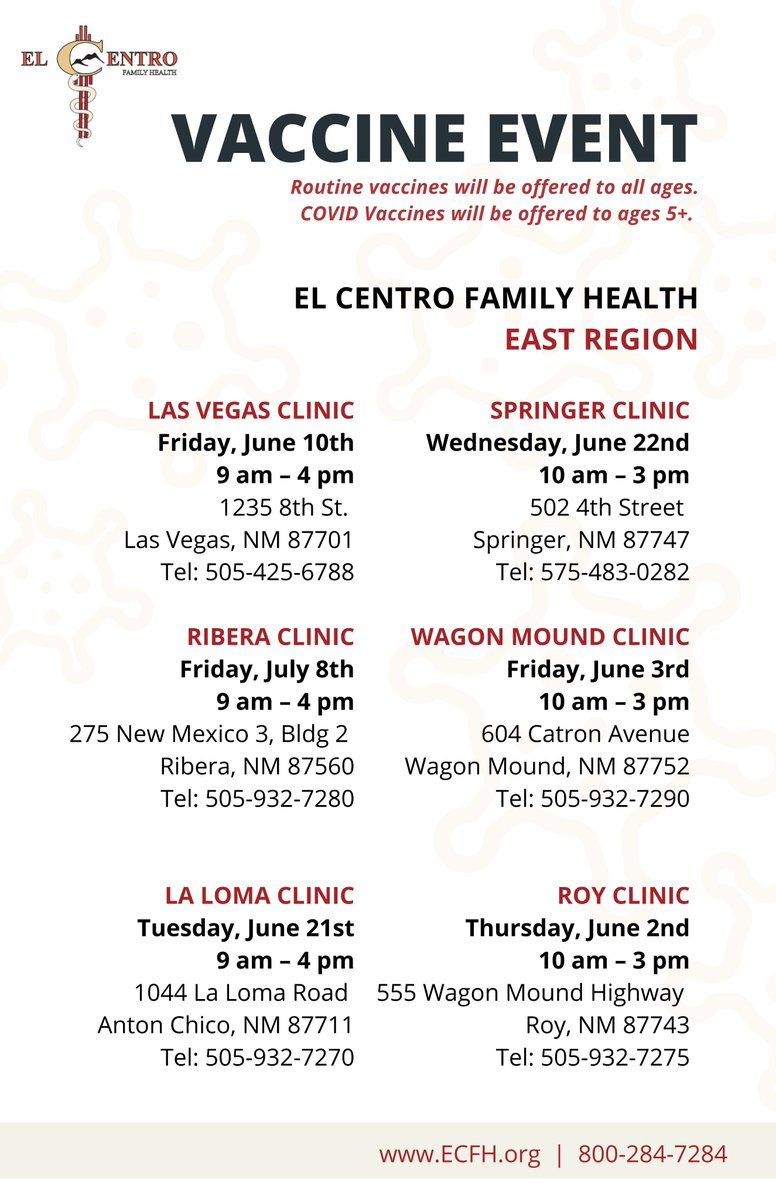 ecfh_elcentro's tweet photo. VACCINE CLINICS
El Centro Family Health will be offering vaccine clinics for COVID, and other routine vaccinations. See graphics below for the location nearest you!*

*Vaccine Event may be affected in the Las Vegas area due to the fires. Please call in advance for more info. https://t.co/KX7sDc7gqL