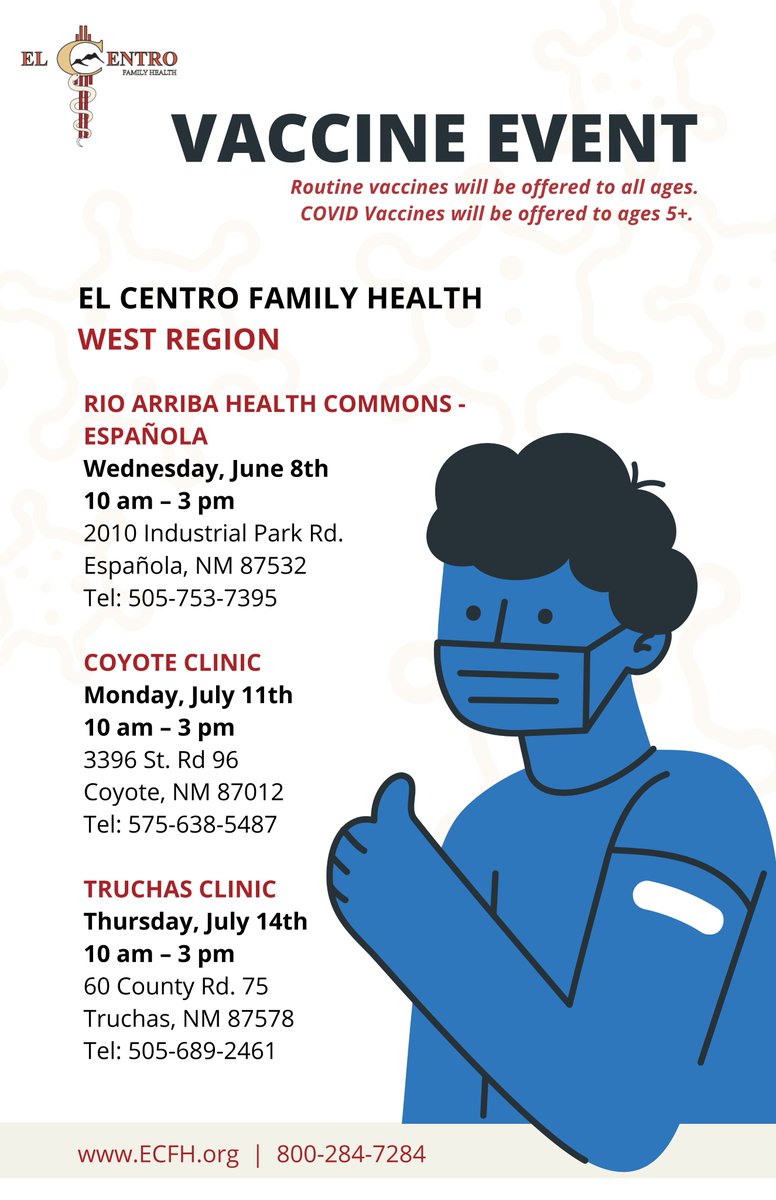 VACCINE CLINICS
El Centro Family Health will be offering vaccine clinics for COVID, and other routine vaccinations. See graphics below for the location nearest you!*

*Vaccine Event may be affected in the Las Vegas area due to the fires. Please call in advance for more info.