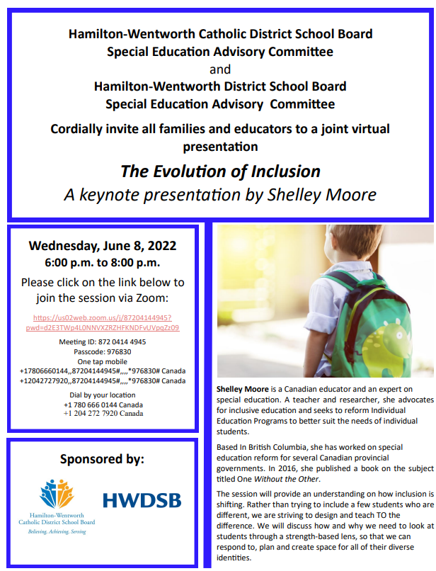 HWDSB's tweet photo. HWDSB and @HWCDSB's Special Education Advisory Committees invite families and educators to a presentation on 'The Evolution of Inclusion'.

This session from special education expert Shelley Moore will provide an understanding on how inclusion is shifting. See the flyer for info! https://t.co/1kxgj4cgev