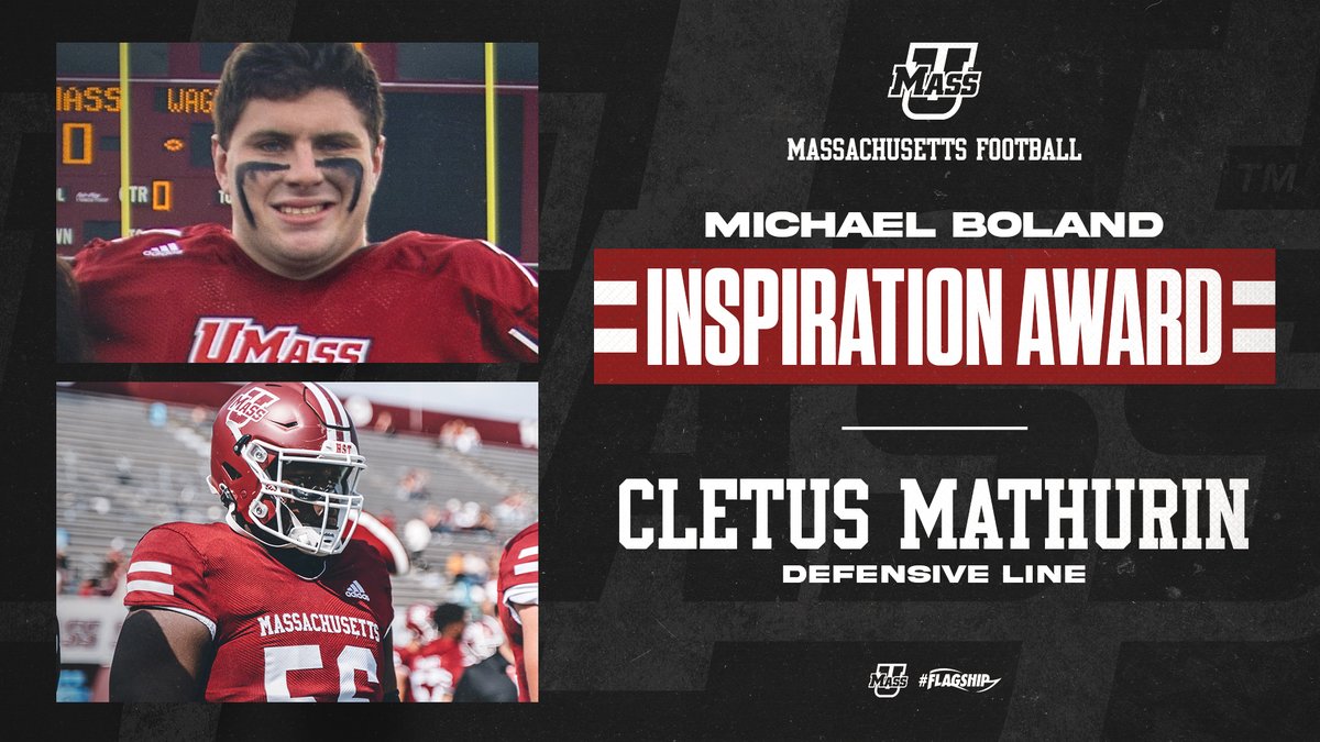 UMassFootball's tweet photo. Congratulations to .@_CletusM and .@MLongman17  on earning the 2021-22 Michael Boland Inspirational Award. Thank you for your hard-working attitudes, determination, integrity, and commitment to UMass football.

#Flagship🚩 https://t.co/Aw9h3BeQV0