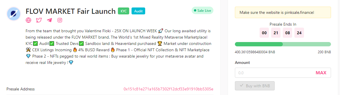 21 Hours remaining to get in on our  #Presale 

Our BNB pool is over 200% filled and we have just hit 400 BNB!

If you haven't yet, join us on telegram and join our ongoing presale before we launch on #pancakeswap 

pinksale.finance/#/launchpad/0x…

#bnb #Binance #FLOVM