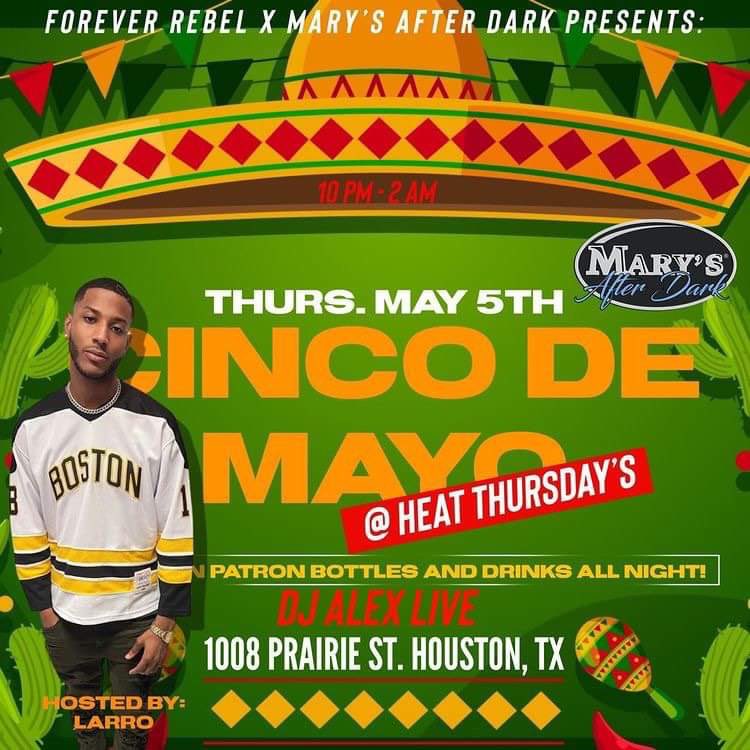 HezRebellious's tweet photo. Forever Rebel and Mary’s After Dark Presents: Heat Thursday’s [Cinco De Mayo Edition 🌮]
Calling ALL Taurus and Tequila lover’s OUTSIDE ❤️‍🔥
Mixes by DJ Alex LIVE 
10 PM - 2 AM at the ALL NEW Hamburger Mary’s
1008 Prairie St. Houston, TX 77002
#ForeverHEAT https://t.co/nNAei6nMSt