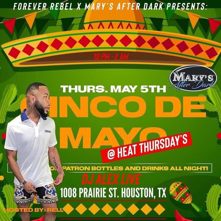 HezRebellious's tweet photo. Forever Rebel and Mary’s After Dark Presents: Heat Thursday’s [Cinco De Mayo Edition 🌮]
Calling ALL Taurus and Tequila lover’s OUTSIDE ❤️‍🔥
Mixes by DJ Alex LIVE 
10 PM - 2 AM at the ALL NEW Hamburger Mary’s
1008 Prairie St. Houston, TX 77002
#ForeverHEAT https://t.co/nNAei6nMSt