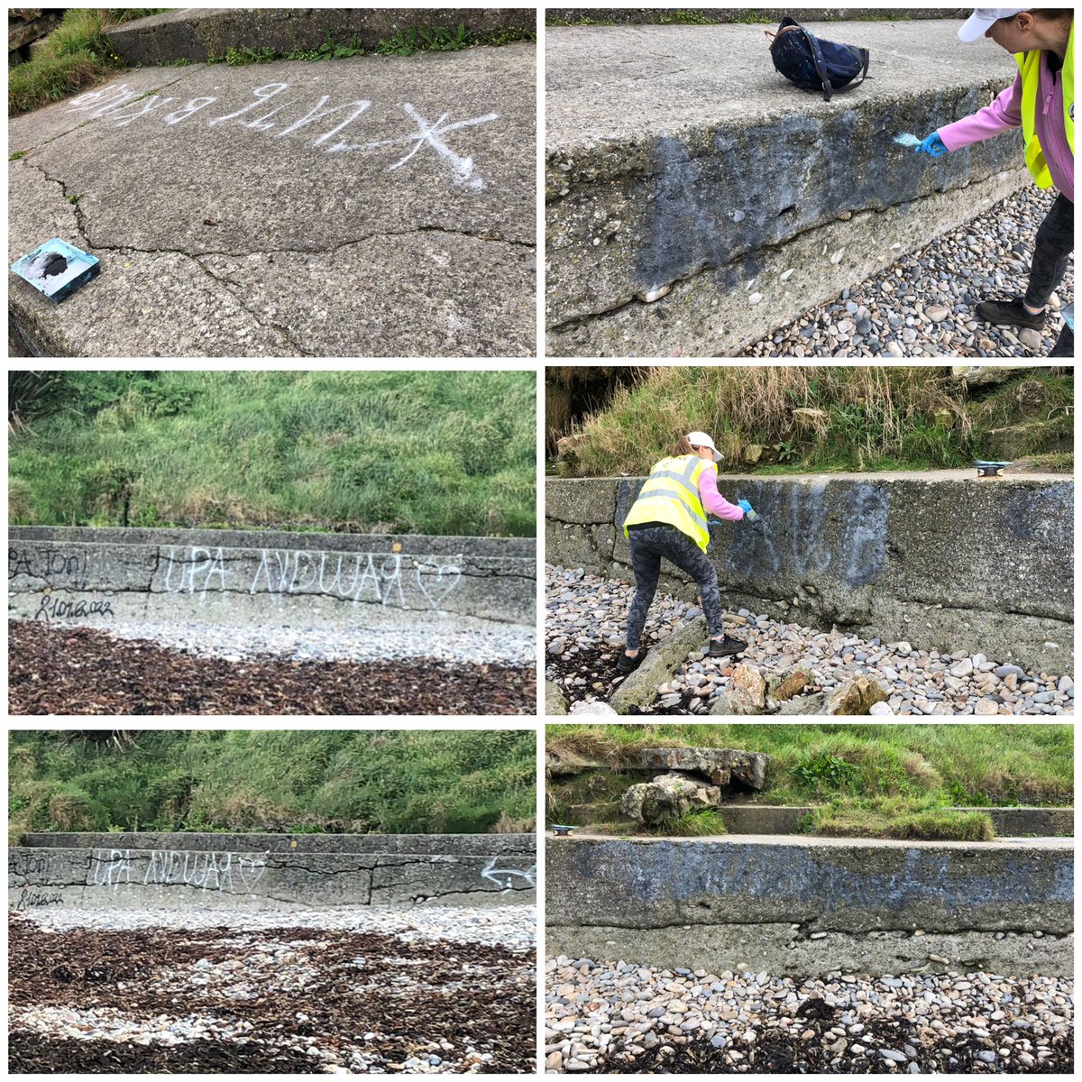 HowthTidyTowns's tweet photo. A bit of #graffitibusting earlier by Blรกthnaid, Fia & Nicola #leavenotrace #howth #TidyTuesday #tidytowns #keephowthclean #keephowthgreen๐ https://t.co/bgIxtrbHHi