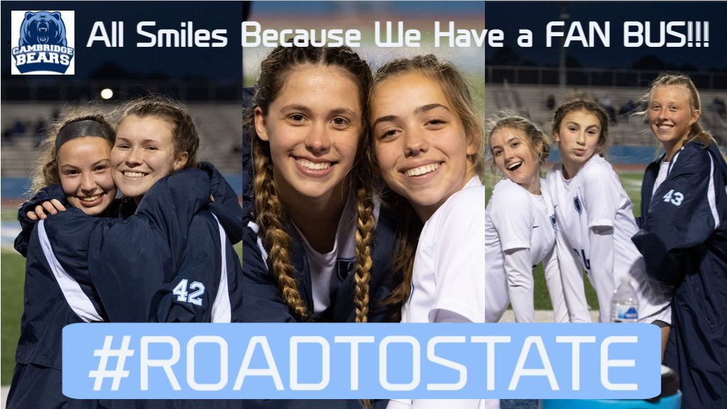Cambridge Girls Soccer (@chssoccerg) on Twitter photo Nothing would make these ⚽️🐻happier than to have their awesome fans at the State Championship! ‼️GET ON THE FAN BUS TO MACON‼️ Pick up your permission slip in the front office & return by Thursday! LET'S GO‼️ <a href="/Cambridgesmurfs/">Smurf Squad™</a> <a href="/AgansPrincipal/">PrincipalAgans</a> <a href="/CoachMasinko/">Cambridge Girls Lax</a> <a href="/Cambridge_AD/">Cambridge Athletics</a> Nothing would make these ⚽️🐻happier than to have their awesome fans at the State Championship! ‼️GET ON THE FAN BUS TO MACON‼️ Pick up your permission slip in the front office & return by Thursday! LET'S GO‼️ <a href="/Cambridgesmurfs/">Smurf Squad™</a> <a href="/AgansPrincipal/">PrincipalAgans</a> <a href="/CoachMasinko/">Cambridge Girls Lax</a> <a href="/Cambridge_AD/">Cambridge Athletics</a>