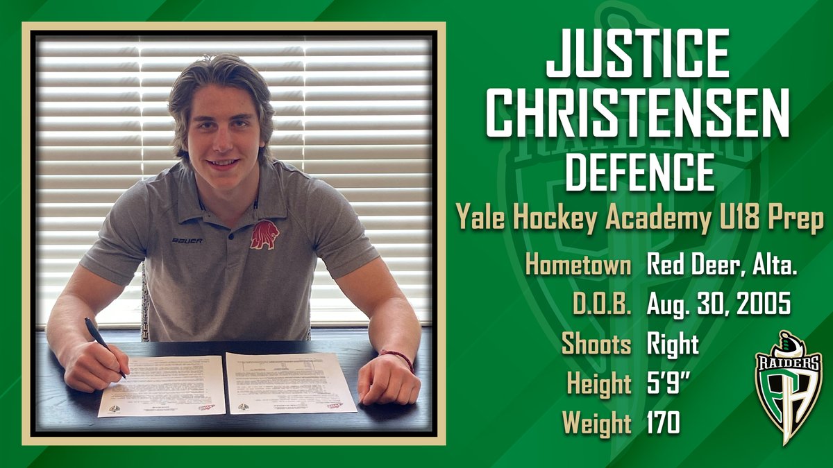 ✒NEWS: The Raiders have signed 2005-born defenceman Justice Christensen to a WHL Standard Player Agreement.

📲Get the details on the #CHLApp, or online here: bit.ly/3vE2oCw

#GoRaidersGo
