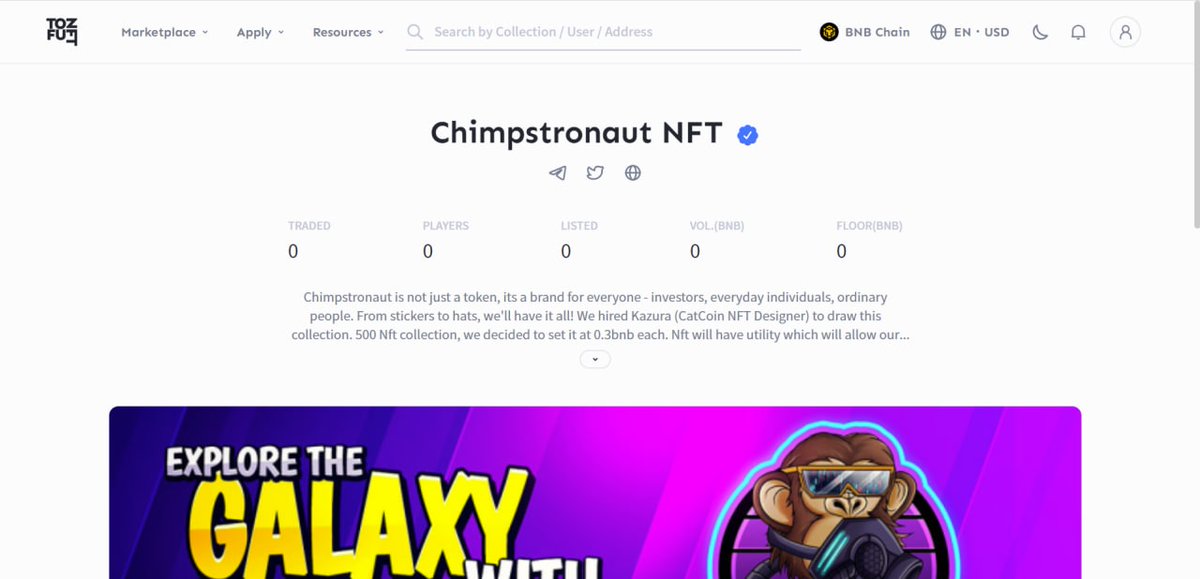 Our NFT collection will be listed on TOFU NFT and everything is being setup for an amazing event !!!

Get ready for what is next !!!!!

#CryptoNews #cryptocurrency #cryptotrading #Binance #BNB #BSC  #gaming #ethereum   #PancakeSwap #cryptotrading #chimpstronaut  #trending