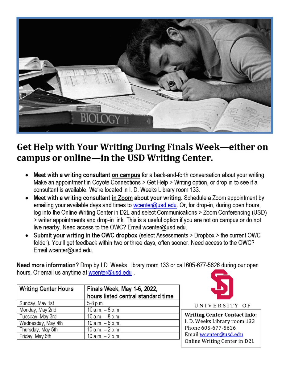Finals week stressing you out? Get help with your writing during finals week either on campus or online in the USD Writing Center!