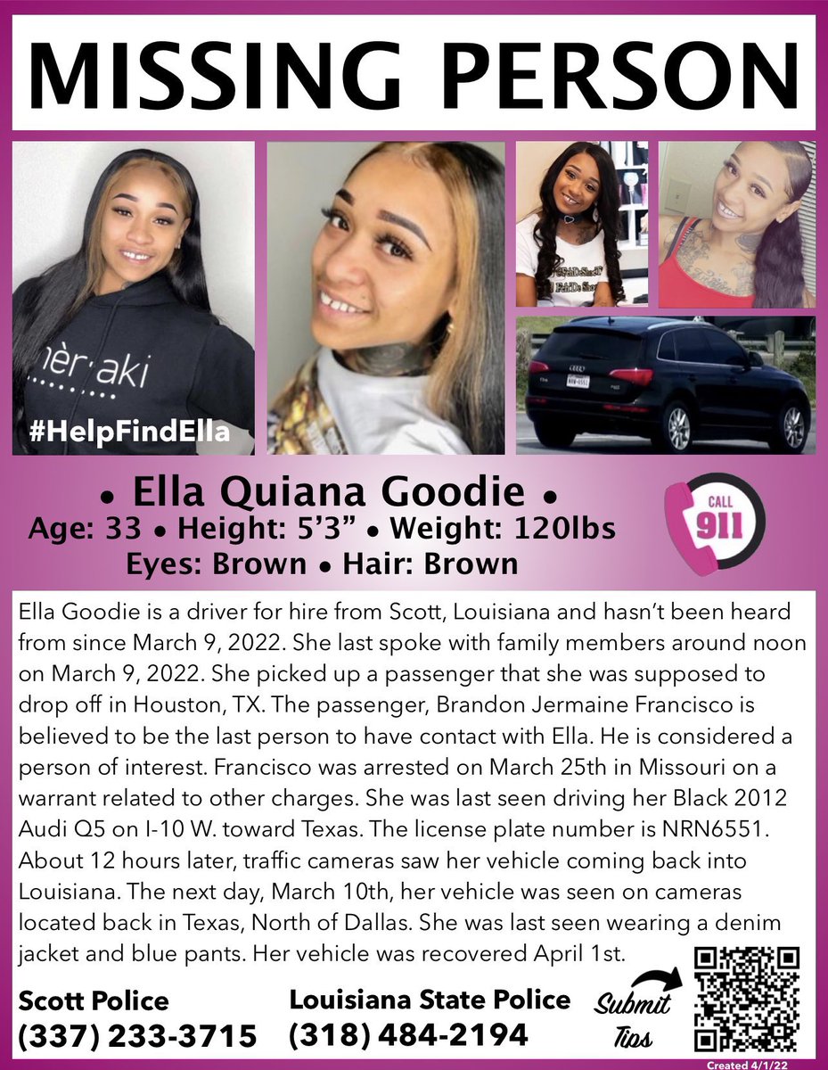 CajunDrD's tweet photo. Brandon Francisco had his bond revoked yesterday, but has no charges related to the disappearance of Ella Goodie. Ella’s case was changed to a homicide investigation today. Ella is still missing. #HelpFindElla #EllaGoodie https://t.co/iShmvddkid