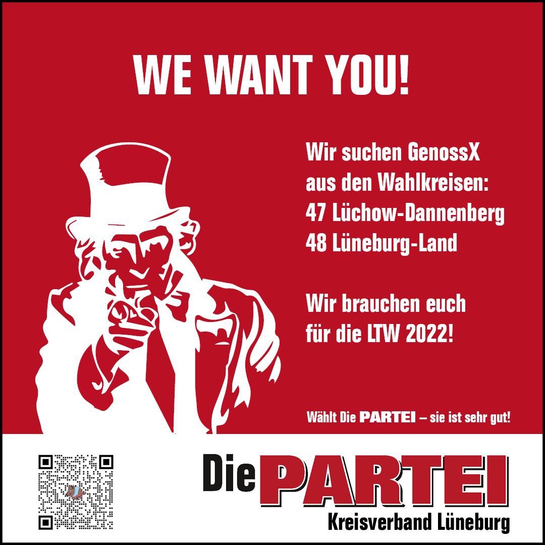 Liebe Leute aus dem Schweinebauernland, es ist ganz wichtig, dass min 3 Leute aus dem Wahlkreisen 47 &amp; 48 erscheinen. Ansonsten können wir niemanden wählen, der die ganzen Spaßparteien aufmischt. #landtagswahl2022 #diepartei #dieparteilueneburg #niedersachsen #lueneburg #ltw2022