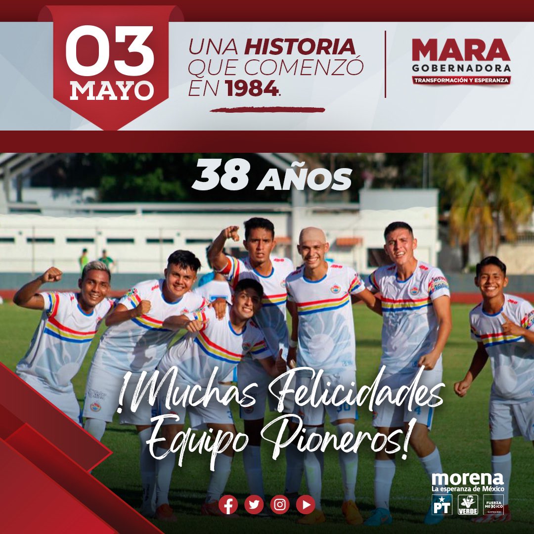 MaraLezama's tweet photo. Muchas felicidades @PionerosFC por sus 38 años de historia y anécdotas que han dejado en la cancha, pero sobre todo gracias por representar a #Cancún y al pueblo de todo #QuintanaRoo. ¡Nos llenan de orgullo! 
#SomosPioneros #38AñosDeHistoria https://t.co/ZCOTBtT9dg