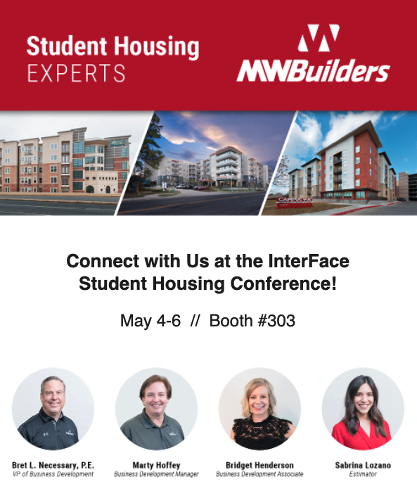 MWBuilders's tweet photo. We will see you tomorrow in Austin for the InterFace Student Housing Conference. Be sure to stop by Booth #303 and say hello to the MW Builders team!
#GeneralContractor #InterfaceStudentHousingConference https://t.co/IGoaWHGKh5