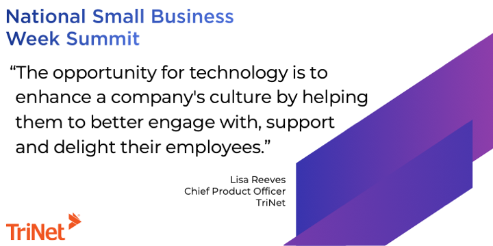 TriNet's tweet image. TriNet head of Product Lisa Reeves at our Small Business Week Summit today, sharing insight into how small and medium-size businesses can deliver a great employee experience to a more remote and flexible workforce. #TriNetSmallBizSummit #SmallBusinessWeek #DreamSmallBiz