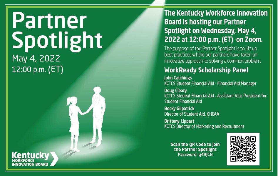 KYCareerCenter's tweet photo. The Kentucky Workforce Innovation Board is back with their Partner Spotlight tomorrow at 12p.m. ET. Tune in to stay up to date with best practices and innovative problem-solving! https://t.co/RcnUX7Czp3