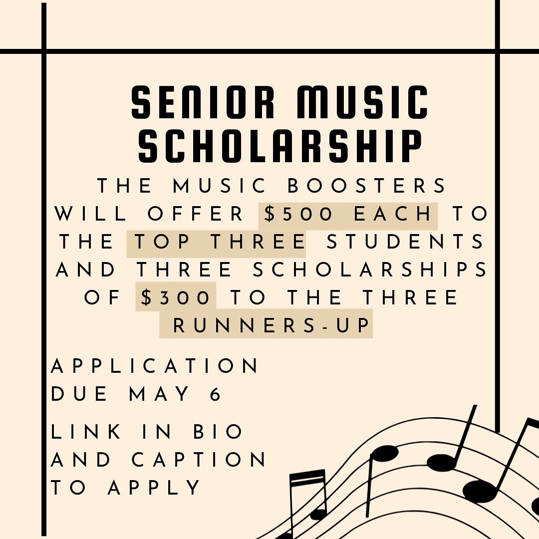 The DVHS Music Boosters Fund is pleased to announce the Senior Music Scholarship Award for all senior music students to apply.
The Music Boosters will offer $500 each to the top 3 students and $300 to the 3 runners-up. Deadline is May 6, 2022. 
dvhigh.net/musicfund