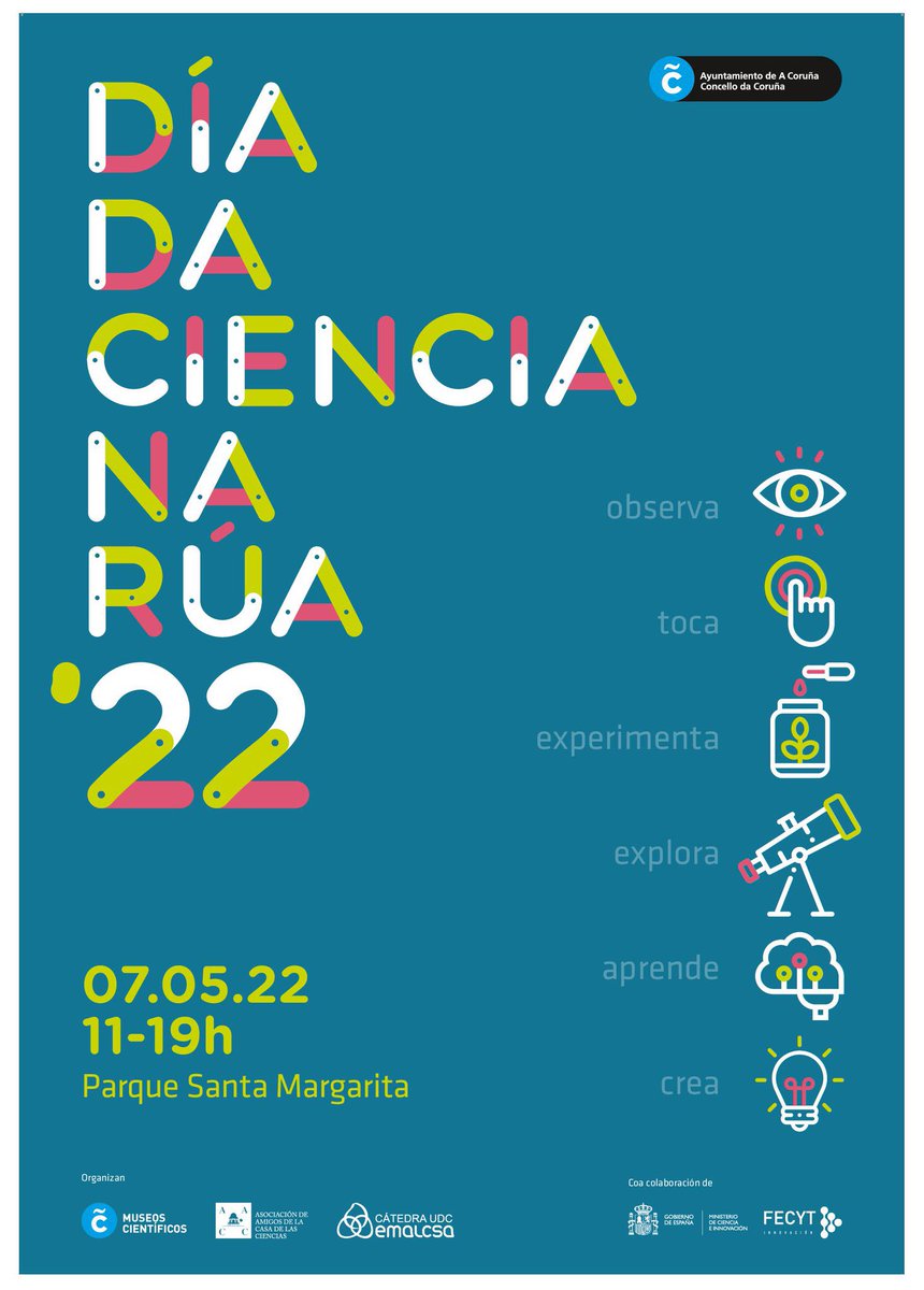 📚👩🏻‍🔬🧑🏻‍🔬 Nas vindeiras datas celébranse unha boa xeira de eventos científicos nas principais cidades galegas. 

🗓 7 maio: #DíaDaCienciaNaRúa na Coruña.

🗓 9-11 maio: #PintOfScience na Santiago de Compostela, Vigo e Lugo.

Non os perdades! 😌