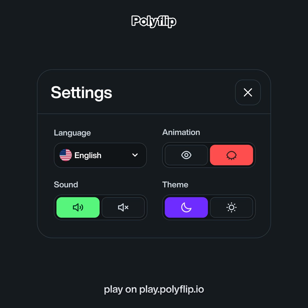 Customize your Polyflip experience, the new settings section is here!⚙️

🗺️ Five Languages 🇺🇸🇵🇭🇯🇵🇨🇳🇰🇷
⚡️ Skip animations, play FAST!
🔊 Sounds
🌗 Themes (soon)

Play now on play.polyflip.io 🎮