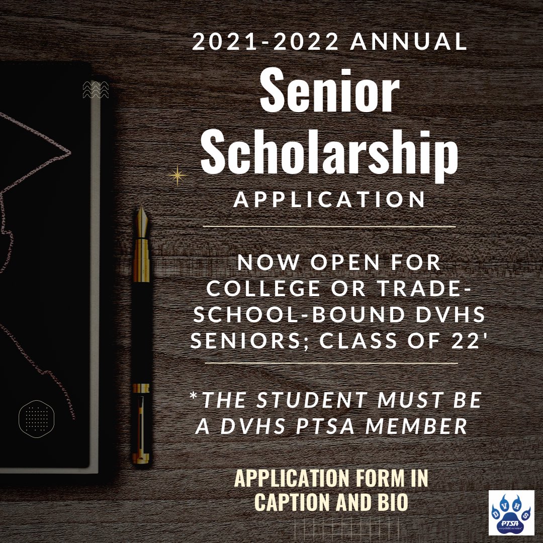 The DVHS PTSA is announcing our 2021-22 Senior Scholarship Applications are now OPEN for college or trade-school-bound DVHS seniors, class of 2022. To be eligible, the student must be a DVHS PTSA member. Application due May 6th.
docs.google.com/forms/d/12n6BM…