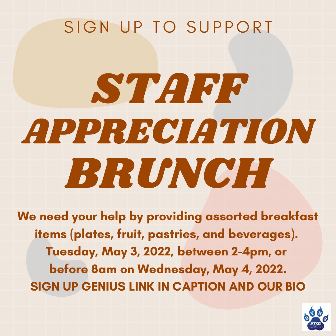 The PTSA plans to serve breakfast to our staff on Wed, May 4th, for their meeting and Staff Appreciation Week! We need your help by giving breakfast items. Please sign up below and bring them to the Main Office before 8am on Wednesday, May 4, 2022.
signupgenius.com/go/60b0e4caaae…