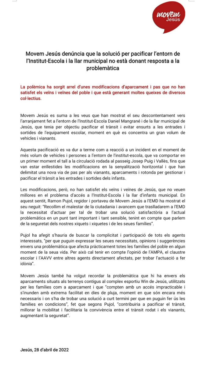 MovemJesus's tweet photo. Des de Movem Jesús hem recollit el malestar de la ciutadania i traslladarem a l'E.M.D. la necessitat de prendre accions concretes i efectives per millorar el trànsit a l'Institut-Escola. Cal escoltar als diferents agents socials del poble per conèixer les seves opinions!? https://t.co/JDlyuBDW2b