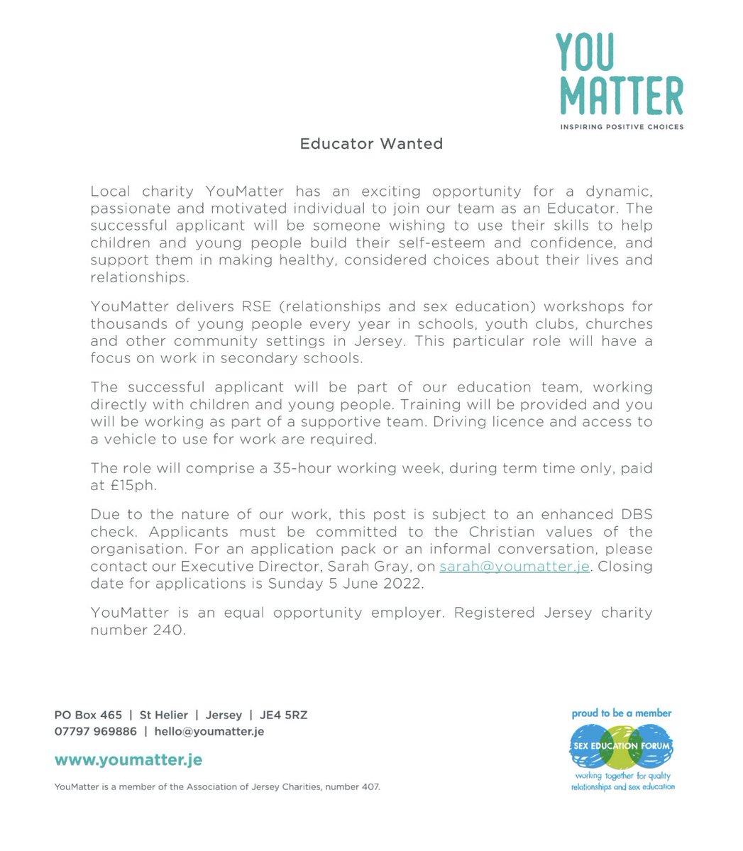 YouMatterJe's tweet photo. Do you have a heart for what we do? Would you like to be part of our small, dedicated team? Please email our Executive Director, Sarah Gray, on sarah@youmatter.je to find out more. We would love to hear from you 🌟 https://t.co/iasTIkUQKf