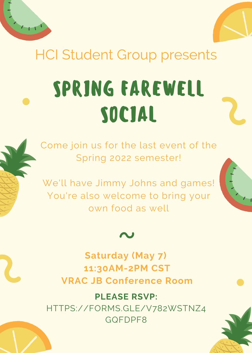Come to our Spring Farewell Social on May 7 from 11:20am - 2pm CST in the VRAC JB Conference Room!

RSVP here: forms.gle/v782WSTnz4GQfd…

This will be our last event of the semester. 

Hope to see you there!