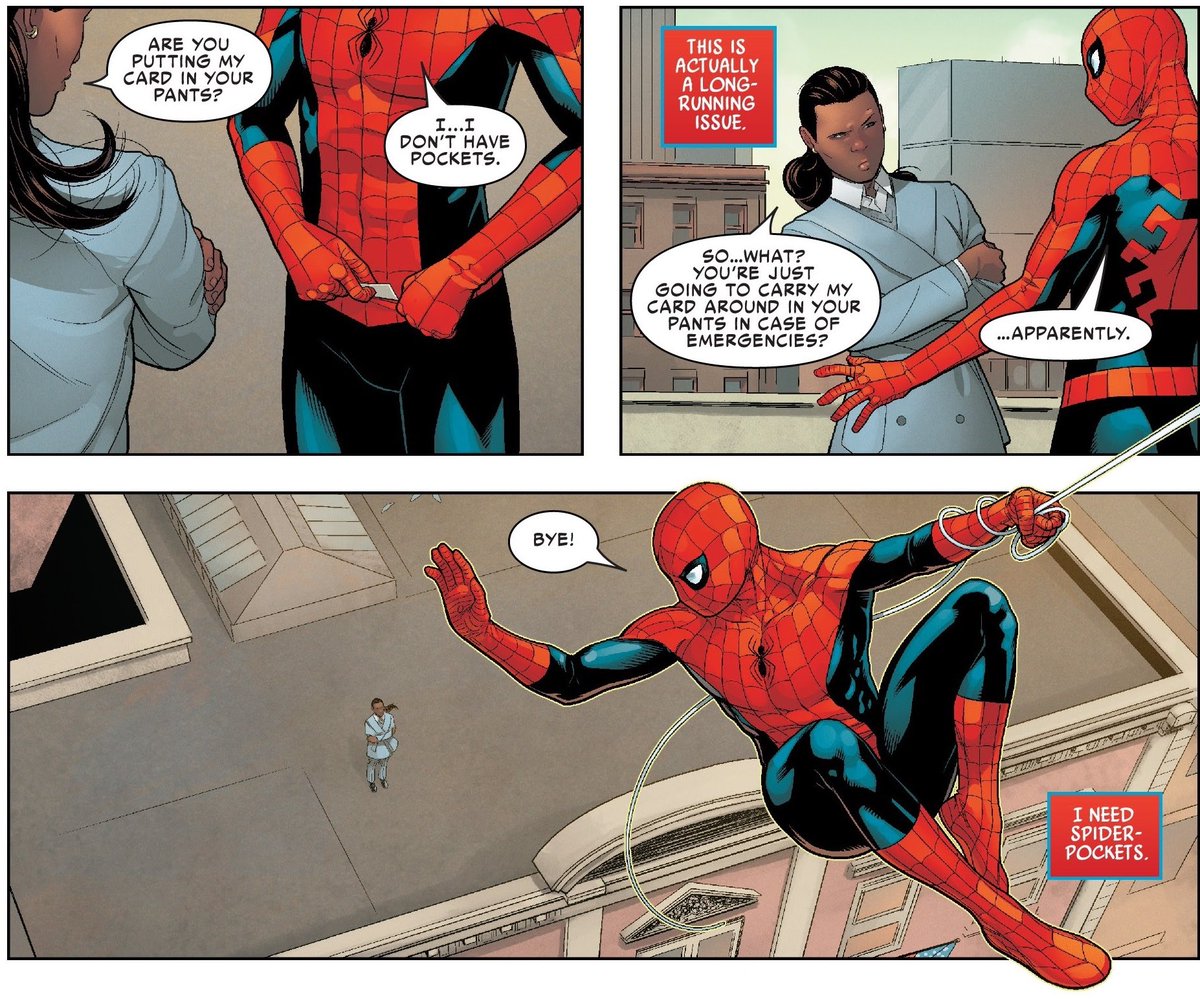 _Spiderman's tweet photo. FF unstable molecule suits have pockets.
Spider-sewn needle and thread suits do not.
#SpiderProblems https://t.co/pzfLA3Ex2S