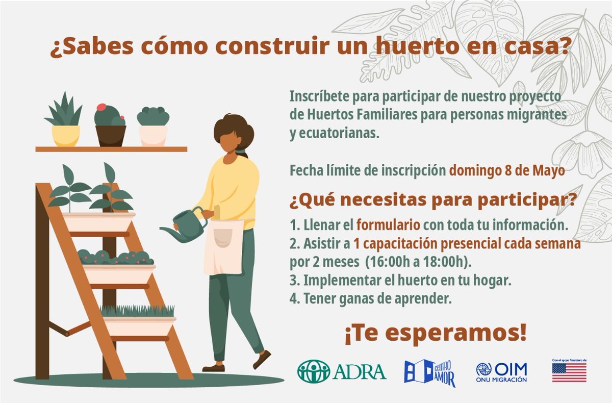 ¿Te interesa conocer sobre AGRICULTURA ORGÁNICA?
El CENTRO AMOR de la <a href="/OIMEcuador/">OIM Ecuador</a> en coordinación con #ADRA, te invitan a formar parte de nuestro ciclo de talleres en donde aprenderás a diseñar, manejar y construir un huerto orgánico en tu casa.