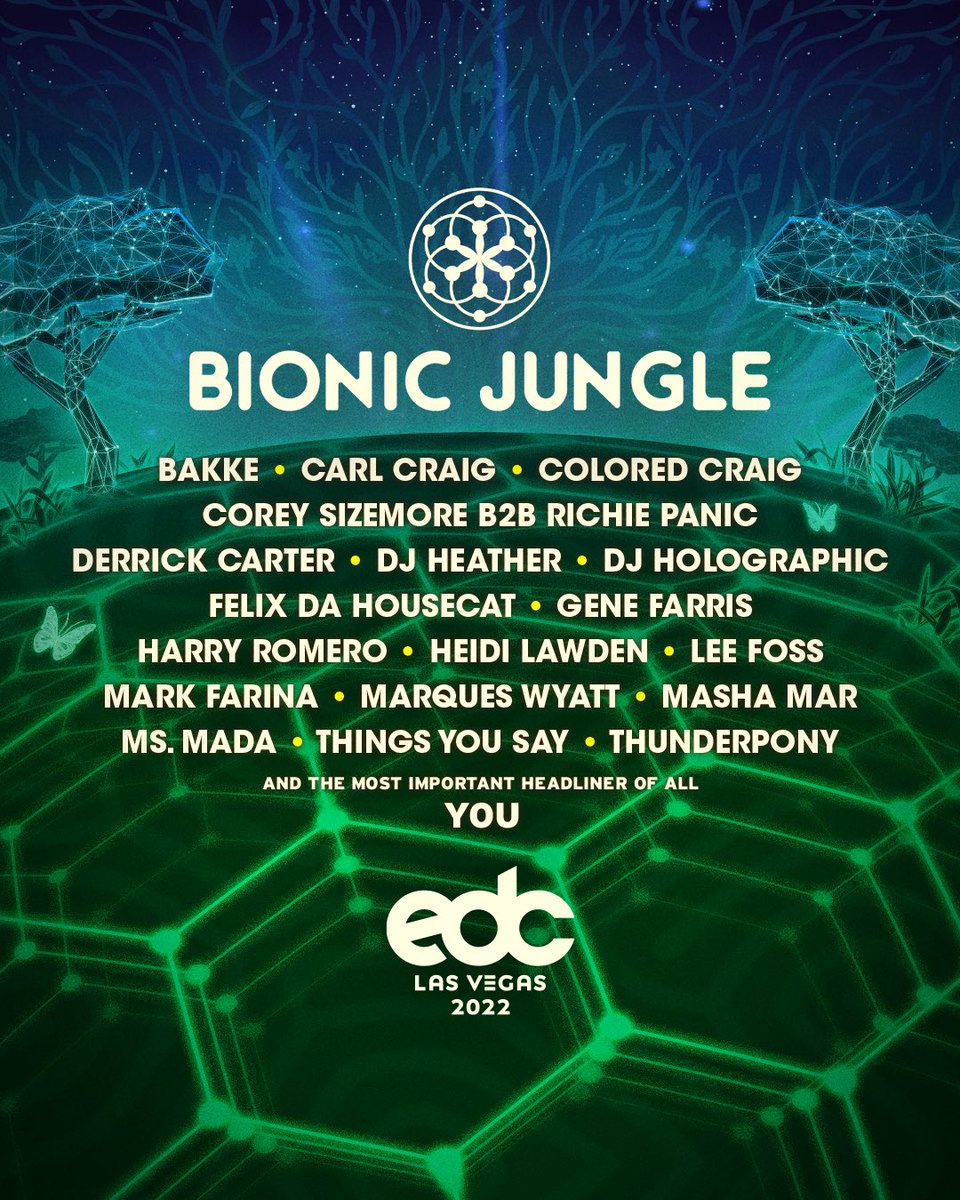 EDC_LasVegas's tweet photo. Welcome to the #bionicJUNGLE.🐆🐾 Enter the forest floor and groove all night long to sounds of house music.🏠🎶

See you Under The Electric Sky.⚡️ #EDCLV2022 https://t.co/mToXEmnzPJ
