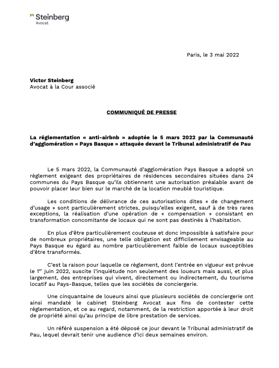 Par des requêtes déposées aujourd'hui pour le compte de plus de 50 requérants, le cabinet a saisi le Tribunal administratif de Pau d'un référé-suspension contre la réglementation adoptée le 5 mars 2022 par la <a href="/CommunautePB/">CommunautéPaysBasque</a>. #airbnb