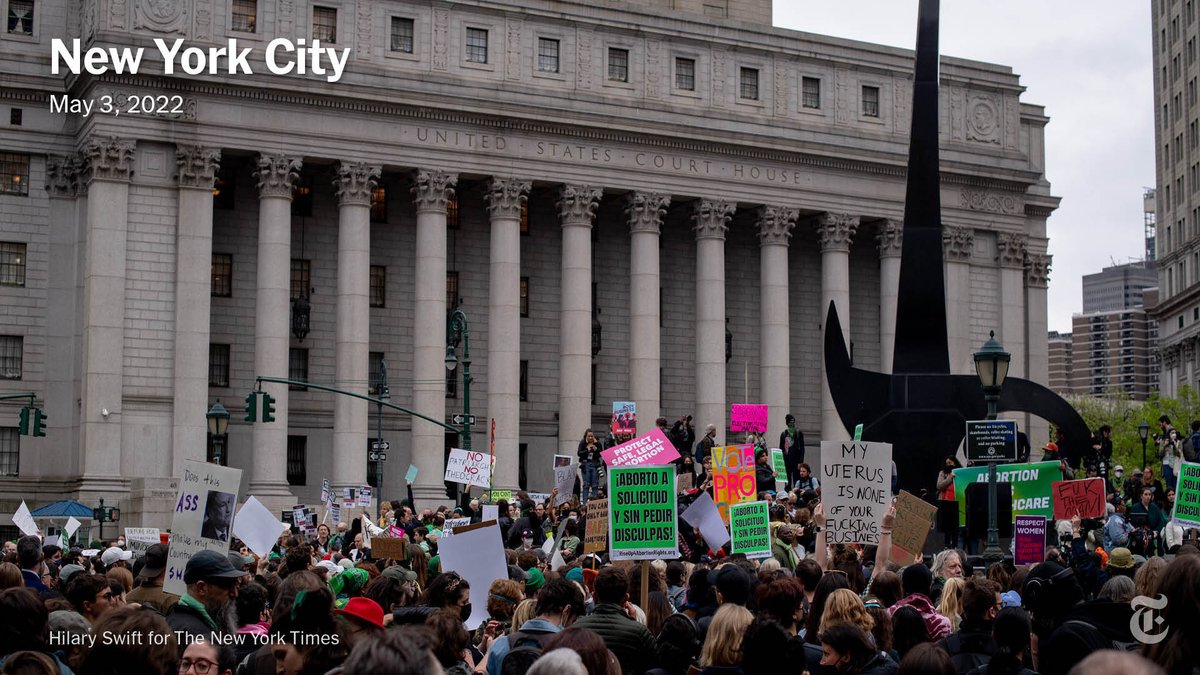 nytimes's tweet image. Hundreds of demonstrators gathered at Foley Square in Lower Manhattan on Tuesday evening to protest the possibility of the Supreme Court’s overturning Roe v. Wade, which has guaranteed the right to abortion for nearly half a century. nyti.ms/39tTgI5