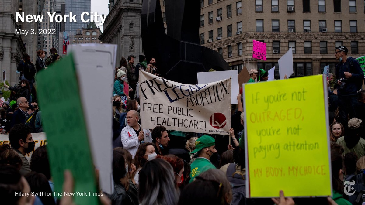 nytimes's tweet image. Hundreds of demonstrators gathered at Foley Square in Lower Manhattan on Tuesday evening to protest the possibility of the Supreme Court’s overturning Roe v. Wade, which has guaranteed the right to abortion for nearly half a century. nyti.ms/39tTgI5