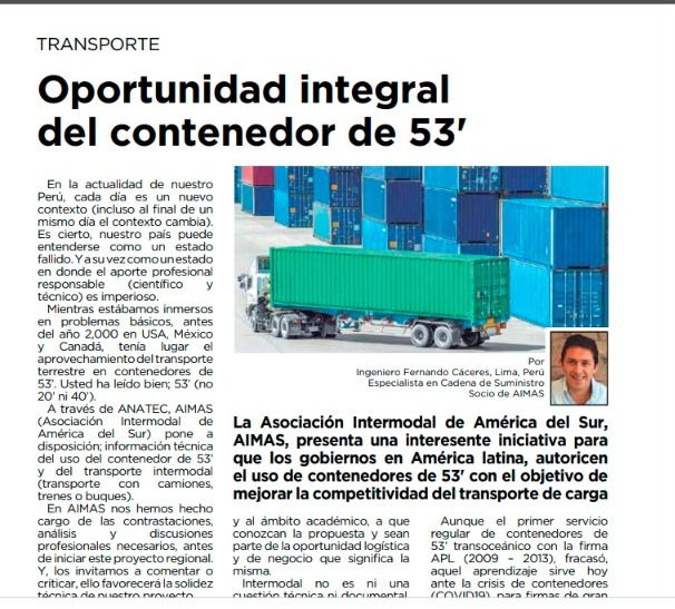 Perú: Interesante nota de Fernando Cáceres (Socio de AIMAS) en la revista de la @ANATEC_PERU (Asoc. Transporte) sobre el #Contenedor53pies para nuestro Continente.
@Apprologperu @ING_OPERACIONES @FADEEAC @Citamericas @redcame @InfoCetac @CCISBB @ALALOGok 
intermodal.org.ar/contenidoweb/R…