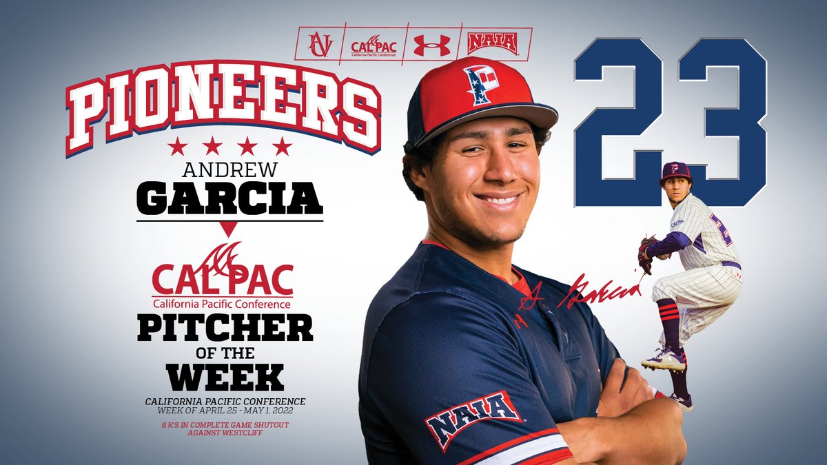 UAV's Andrew Garcia named Cal Pac Pitcher of the Week for the week of April 25 - May 1. This is his second honor of the season. He completed his third shut out of the season recording 8K's against Westcliff. Congrats Andrew!
uavpioneers.com/article/1421
