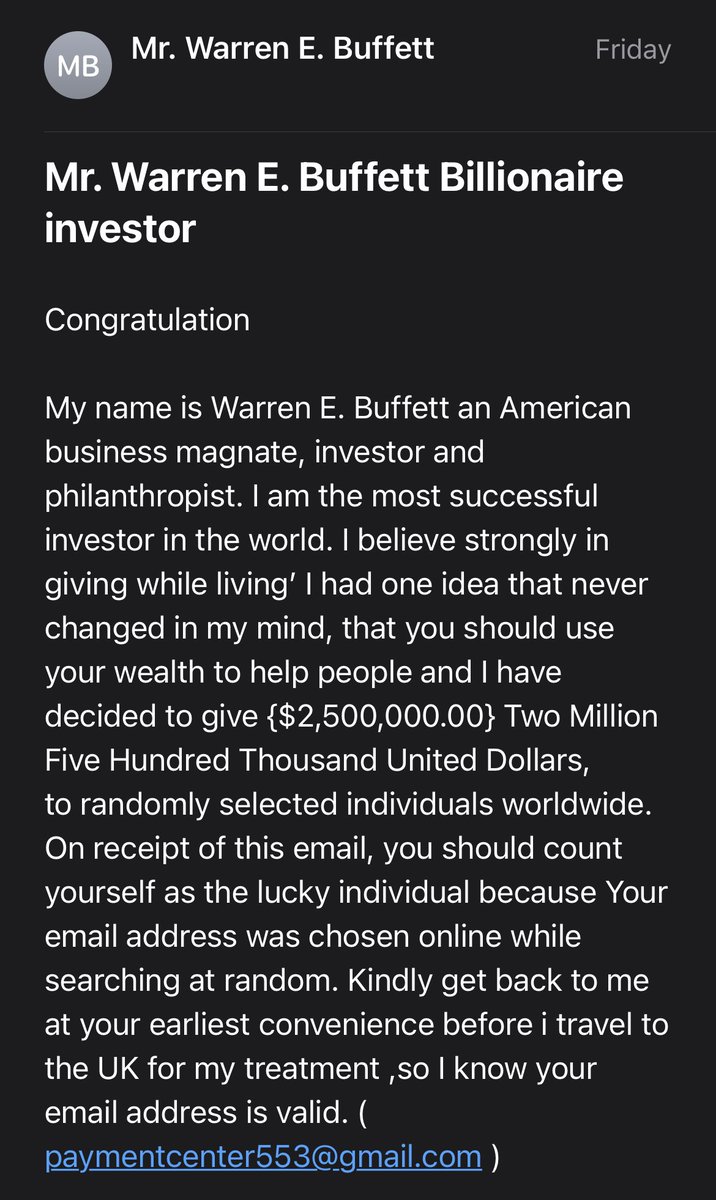 Seekingalfa's tweet photo. @chrisxmunn I’m so lucky I am getting Two Million Five Hundred Thousand United Dollars from Mr Buffett https://t.co/uPgW4QWBP4