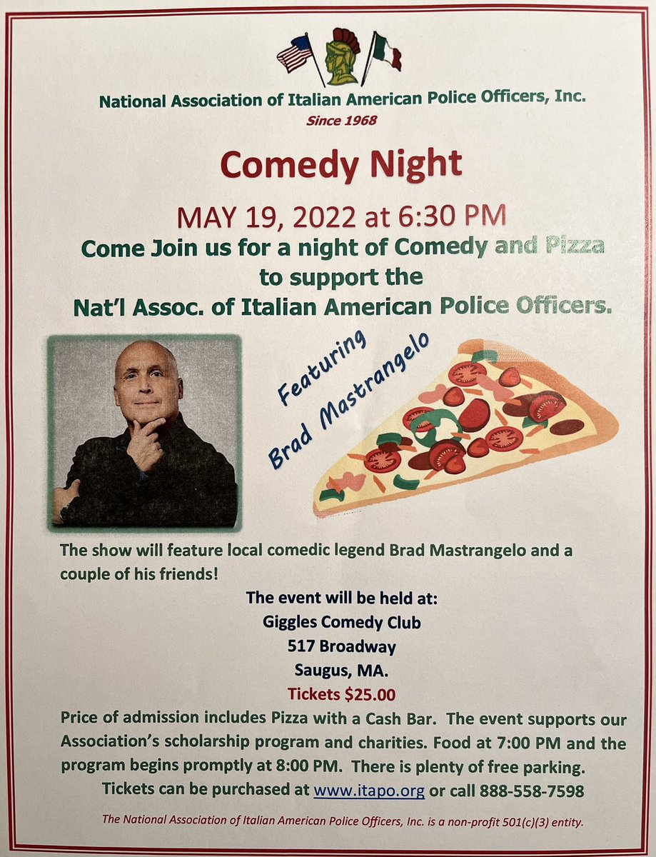 ma_itapo's tweet photo. Who in policing can’t use a laugh right now ? Come out &amp; join us for a night of pizza, cocktails and a few laughs with members of @ma_itapo. We hope you consider joining us. Tickets can be purchased on line or at the door. https://t.co/oCb3GJ73iM