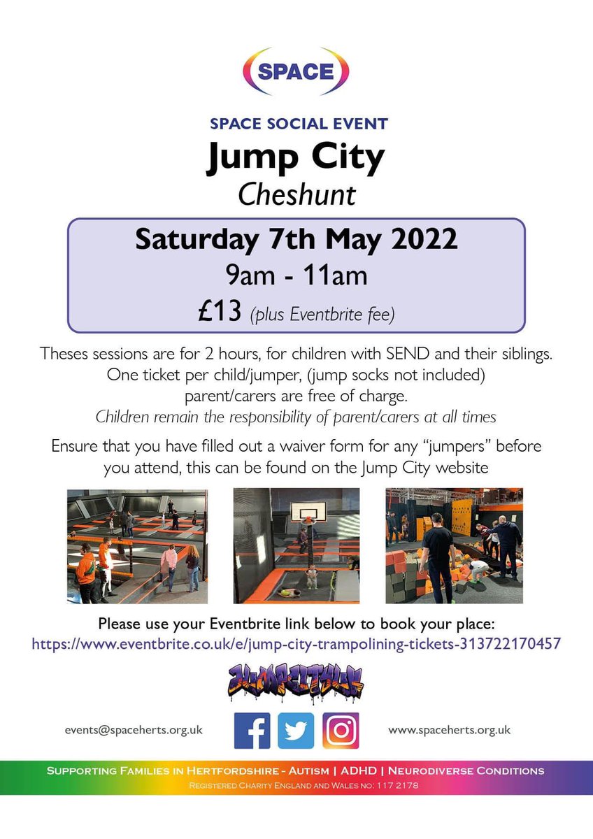 🌟🌟 PLACES AVAILABLE 🌟🌟

JUMP CITY TRAMPOLINING EXCLUSIVE
Saturday 7th May 2022
9am - 11am
£13 per child/young person
(plus Eventbrite booking fee) (jump socks not included)

eventbrite.co.uk/e/jump-city-tr…

#SPACEhertfordshire
#SPACEtogether
#SPACEhertsactivities