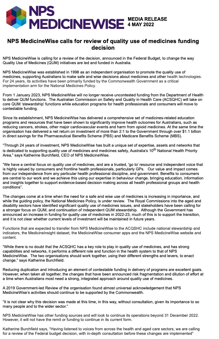 This is really important! Especially in an election campaign where politicians are putting the focus on medicines. @NPSMedicineWise calls for a review of the Federal budget decision to cut funding for its Quality Use of Medicines initiatives #AusVotesHealth2022 cc <a href="/CroakeyNews/">Croakey News</a>