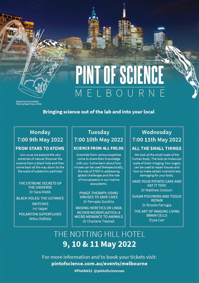 Next week I get to share some of my work at @pintofscienceAU alongside @Matt_Snelson and @brookefarrugia! I'll be talking about the brain cells we grow in the @TheGordonLab and how we capture their majesty 🧠📸🧑‍🔬🔬✨ #pintAU22