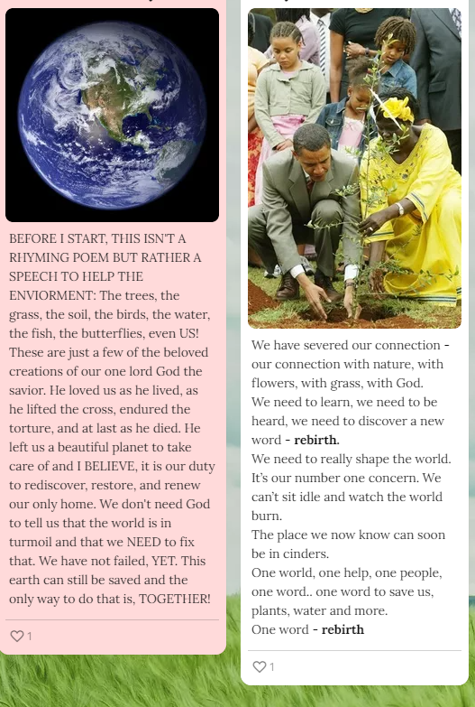 esteves_ms's tweet photo. #CEW2022 After, "Wangari's Trees of Peace" 
we reflected or wrote a poem of how we can Rediscover, Restore and Renew our natural world. What is the importance of rediscovery?  In what ways can we restore God's creations and renew new life on Earth?  @HCDSBVirtual https://t.co/ojzkJUM59S