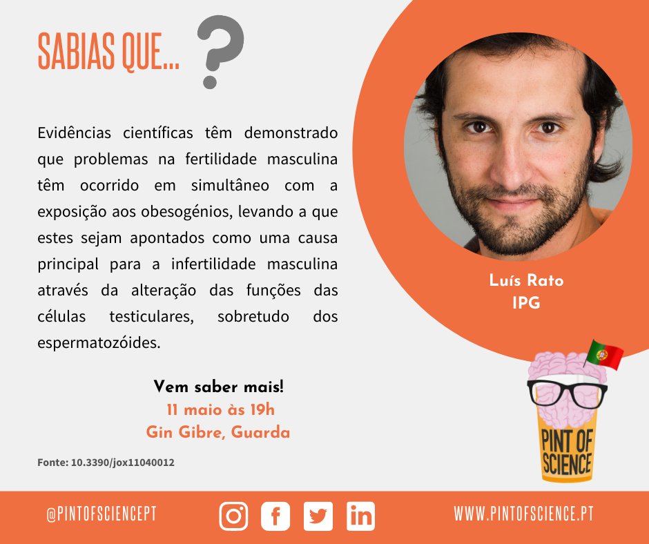 pintofsciencePT's tweet photo. Luís Rato vem falar-nos sobre fertilidade masculina e metabolismo energético. 🧐
11 de Maio, às 19:00h, no Gin Gibre
Descobre mais sobre o orador em,
https://t.co/jVt8VxPbb6
#pint22 #pintworld #posPT #guarda #cartaz #scicomm #scicommpt #compesecabeca #ciencia #sciencefiction https://t.co/Za1sokNHJj