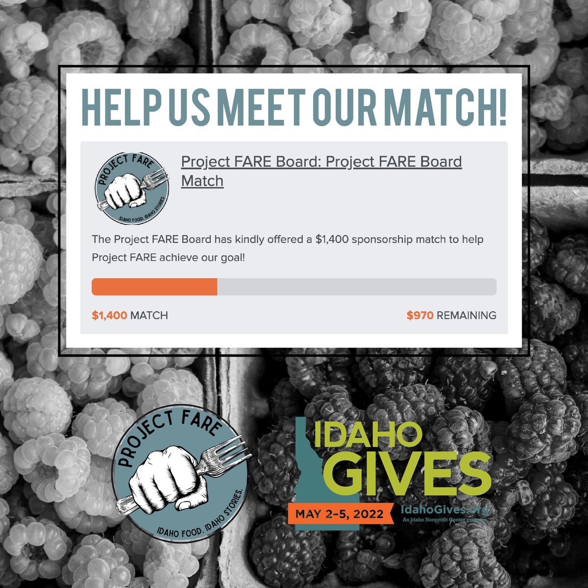 Help us meet our <a href="/IdahoGives/">Idaho Gives</a> match! Project FARE board members have pledged a $1,400 sponsorship match -- just $970 in donations to go! idahogives.org/organizations/…