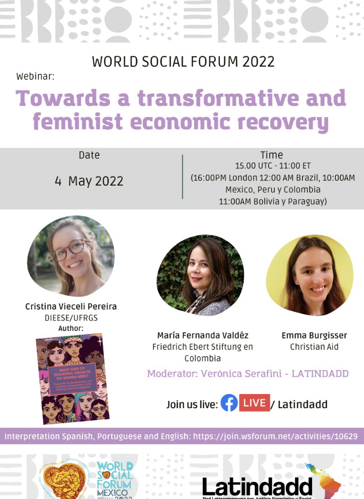 It's tomorrow! Excited to join our PGAE Global Scholar Dr. Cristina Vieceli <a href="/Cris_P_Celi/">Cristina P. V.</a> in a Webinar on " Towards a transformative and feminist economic recovery", promoted by <a href="/latindadd/">LATINDADD</a> at the World Social Forum 2022. May 4, 11:00 EDT. join.wsforum.net/?q=activities/…
