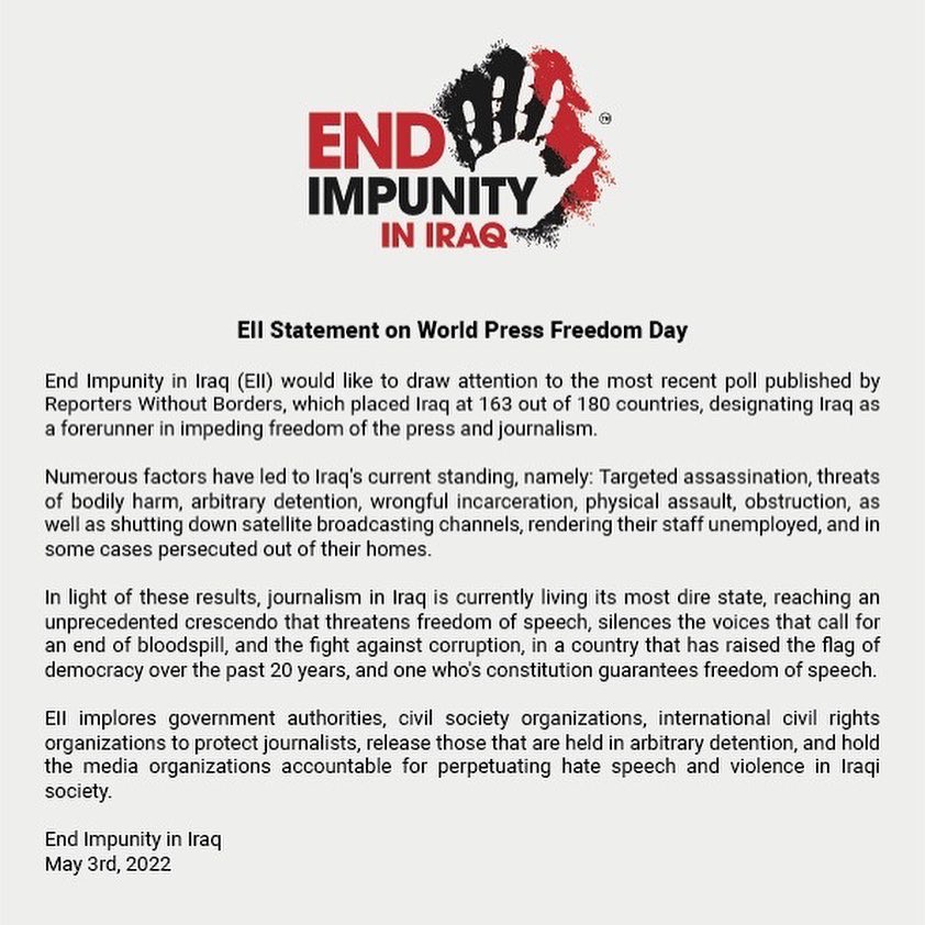 EndImpunityIraq's tweet photo. Statement on World Press Freedom Day

#worldpressfreedomday
#end_impunity_in_iraq https://t.co/FYN4gykuVF