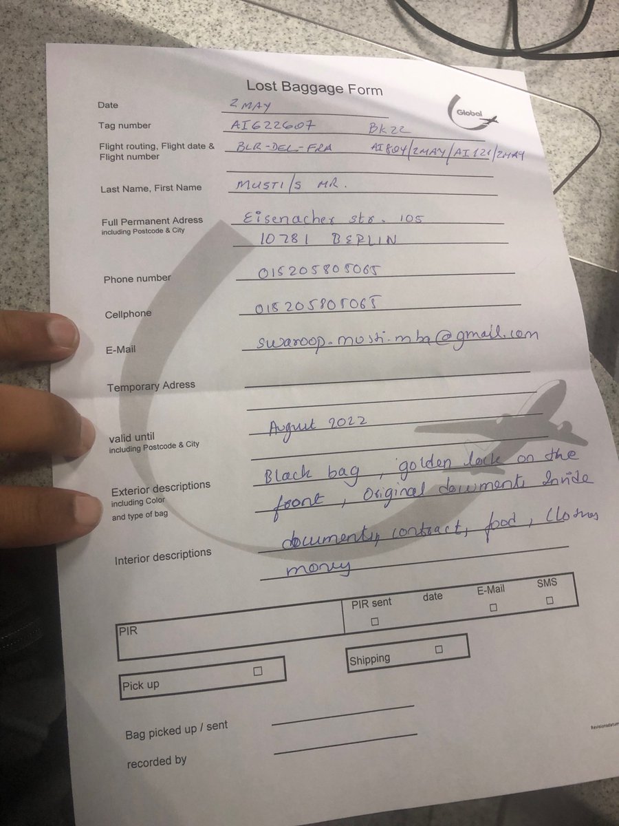 MustiSwaroop's tweet photo. @GsrmGlobal 
I traveled from bengaluru -dekhi-frankfurt with @airindiain 
on 02/05. I didn’t get my checked baggage. The lady on the counter told that her system was not working so she just made me fill a form. Can you provide me a PIR or tell me where my bag is? (Form attached) https://t.co/OdgzKXtAPd